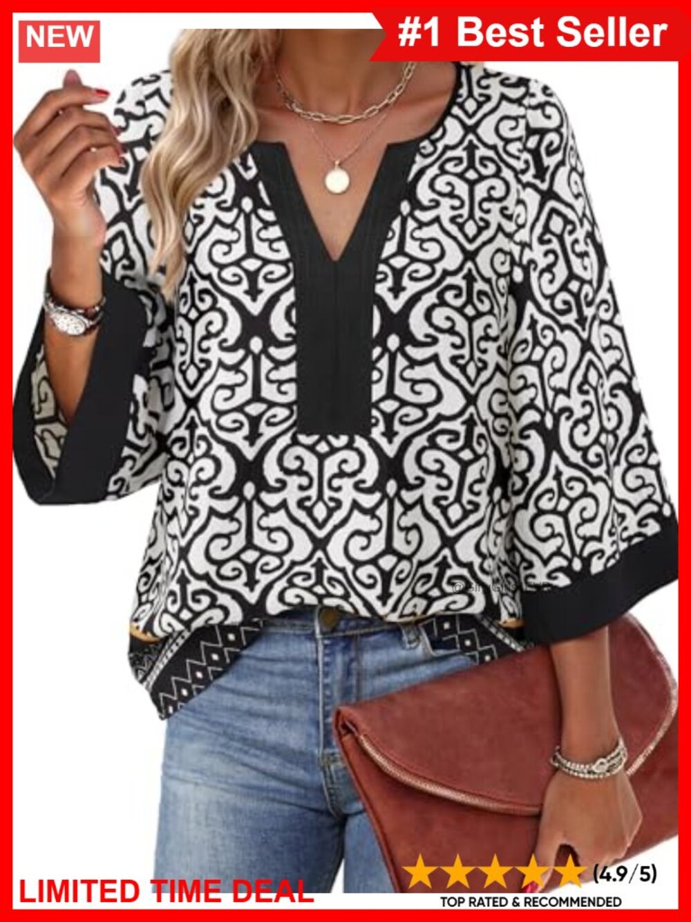 Womens Chiffon Blouse 3/4 Sleeve V-Neck Floral Tunic Top Office Casual